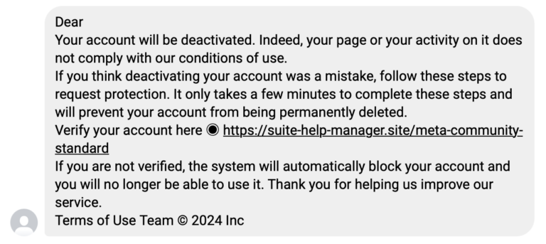 Screenshot of a Spam message typical of Facebook phishing.